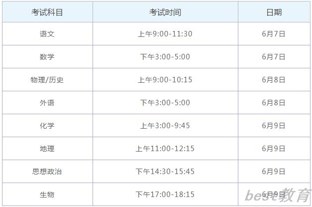 江苏2021高考时间及科目安排