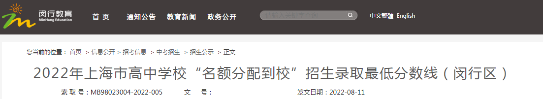 2022年上海市高中学校“名额分配到校”招生录取最低分数线（闵行区）